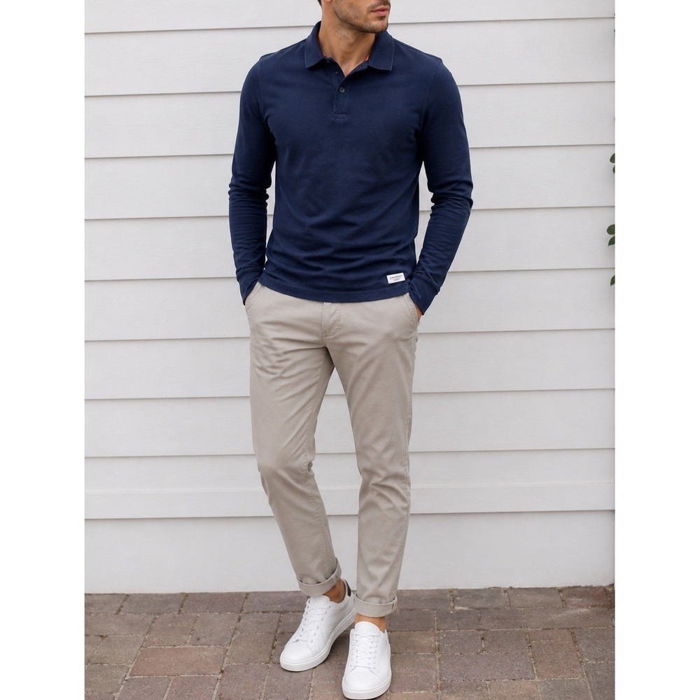 Superdry The Edit Navy Long Sleeve Polo Shirt Mens Small Slim Fit